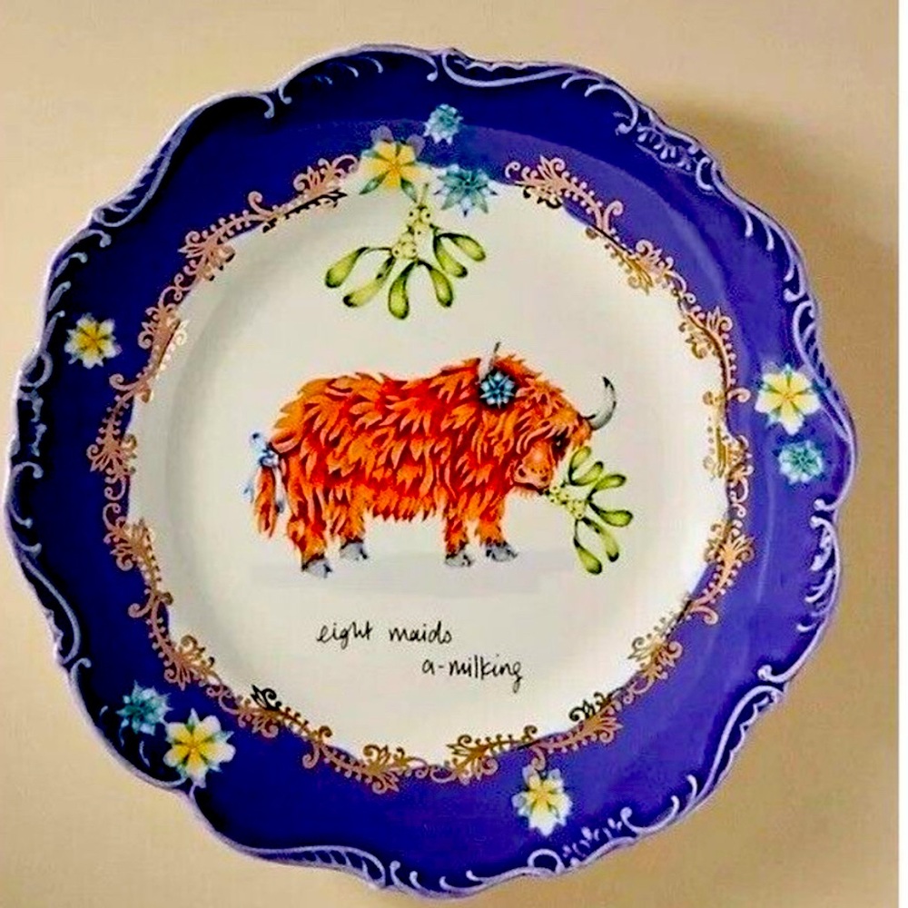 Anthropologie Lou Rota 12 Days of Christmas Dessert Plate 8 Maids Milking NEW